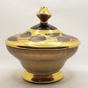 Vintage Amber & Gold Floral Glass Candy Dish